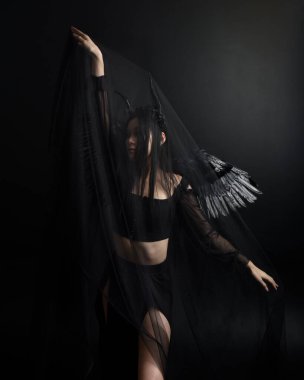 portrait of beautiful asian model with dark hair, wearing black gothic skirt costume, angel feather wings with horned headdress. Posing with gestural hands  on dark silhouette  studio background.