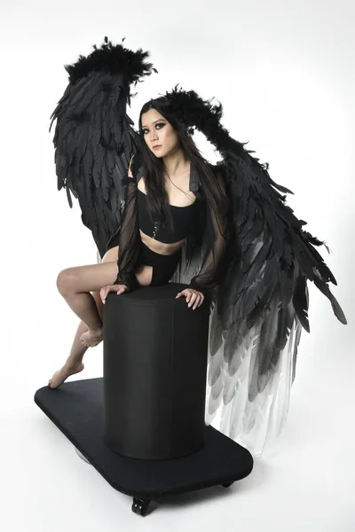 Full Length Portrait Beautiful Asian Model Dark Hair Wearing Black — Zdjęcie stockowe