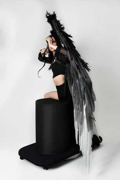Full Length Portrait Beautiful Asian Model Dark Hair Wearing Black — Fotografia de Stock