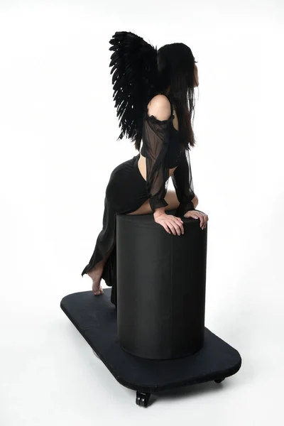 Full Length Portrait Beautiful Asian Model Dark Hair Wearing Black — Foto Stock