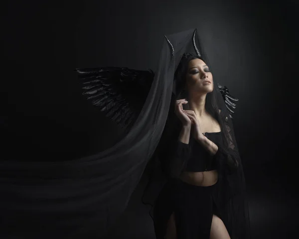 portrait of beautiful asian model with dark hair, wearing black gothic skirt costume, angel feather wings with horned headdress. Posing with gestural hands  on dark silhouette  studio background.