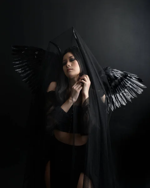Portrait Beautiful Asian Model Dark Hair Wearing Black Gothic Skirt — Zdjęcie stockowe
