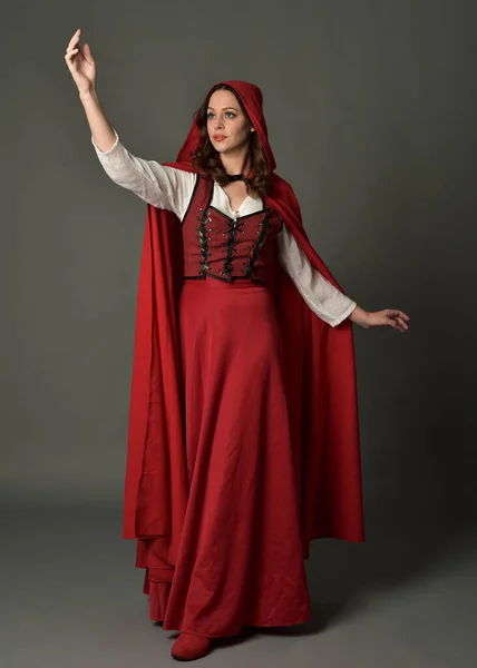 Retrato Comprimento Total Bela Mulher Morena Vestindo Traje Fantasia Medieval — Fotografia de Stock