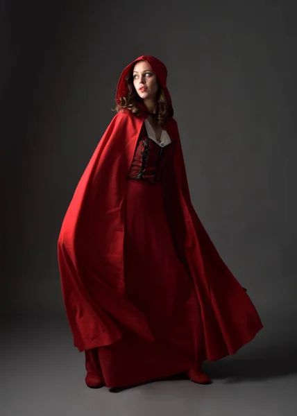 Portret Pięknej Brunetki Ubranej Czerwony Średniowieczny Kostium Fantazji Długą Spódnicą — Zdjęcie stockowe