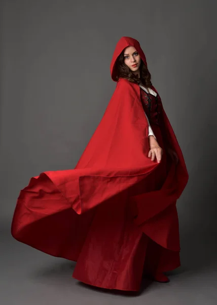 Kırmızı Ortaçağ Fantezi Kostümü Giymiş Kapüşonlu Pelerinli Bir Kadının Uzun — Stok fotoğraf