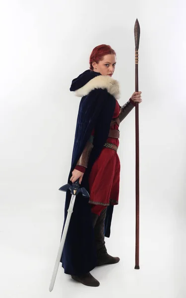 Full Length Portrait Beautiful Woman Wearing Red Medieval Fantasy Warrior — Stock Photo, Image