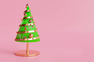 Soyut noel ağacı düşük polen, yüzen süs, pembe zemin, şeker kamışı, hediye kutusu, dekorasyon sahnesi, geometrik çokgen şekli, ürün gösterisi, Noel bayramını kutlayın, 3D