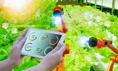 Akıllı çiftçi akıllı tablet, yapay zeka ya da yapay zeka kullanan, sistem kontrol robotu kullanan, robotik kol kullanan, kalite ve hasat ürünü, uydu izleme teknolojisi tarımı kullanan