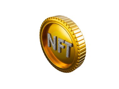 3D görüntüleme NFT madeni para karşılanamaz jeton. Beyaz arka planda parlak altın sikke rengi. Fütüristik para transfer engeli. Dijital sanat kripto para birimi. Bozuk paralar. kırpma yolu ile