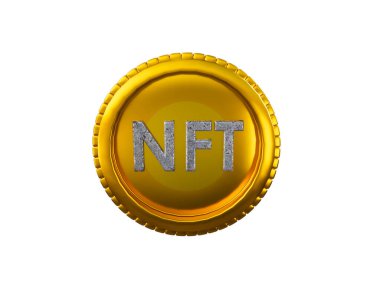 3D görüntüleme NFT madeni para karşılanamaz jeton. Beyaz arka planda parlak altın sikke rengi. Fütüristik para transfer engeli. Dijital sanat kripto para birimi. Bozuk paralar. kırpma yolu ile
