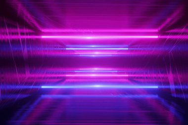 Siber punk ışıltılı pankart, 3D canlandırma koyu arkaplan, fütüristik bilim kurgu soyut mavi ve mor neon ışık, parıldayan çizgi, mor neon lazer ışığı, tünel, koridor, sanal gerçeklik sahnesi 