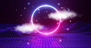 Fütüristik mavi neon daire çerçeve, geniş çerçeveli dalga manzarası dağı, vadi yapısı bilim-kurgu Neon ışık ağı ağı bağlantısı, portal ışıkları parlayan halka, karanlık uzay, 3D resimleme