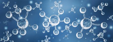 Biyoteknoloji bilim analizi konsepti, şeffaf atom ve molekül su yapısı, mavi arkaplan, laboratuvar, kimya, tıbbi araştırma ve geliştirme mikroskobundan, 3D resimleme