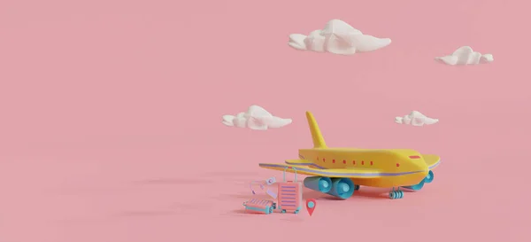 Mockup Kamera Koffer Flugzeug Kopfhörer Smartphone Reisezubehör Rosa Farbe Minimalen — Stockfoto