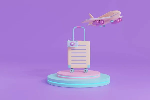 Rendering Mockup Camera Suitcase Aircraft Travel Accessories Purple Background Summer — Foto de Stock