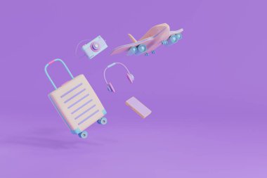 3D görüntüleme kamerası, bavul, uçak, kulaklık, akıllı telefon, seyahat aksesuarları, mor arka plan, yaz tatili, tatil, uçak nakil aracı, minimum seyahat konsepti