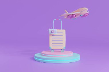 3D model kamera, bavul, uçak, mor arka planda seyahat aksesuarları, uçak taşıyıcısı ile seyahat için yaz tatili, minimum seyahat konsepti