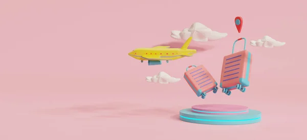 调制解调器 手提箱 智能手机 旅行配件 粉色最低背景风格 夏季旅行 飞机飞行 旅行概念 3D渲染插图 — 图库照片