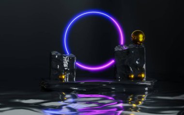 Soyut arka plan neon ışığı ve lazer yuvarlak çerçeve koyu arkaplan, geometrik kaya ve taş şekilli dalgalar, ürün sunumu podyum boş şablon, 3D görüntüleme
