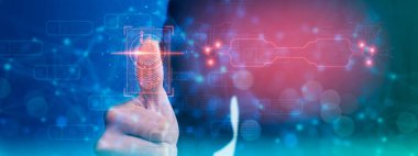 Siber güvenlik ve fütüristik teknoloji işadamı parmak izi arayüzüne dokunmak, şifre taramak, teknoloji ikonları ve asma kilit, yapay zeka sistemi veya ai 