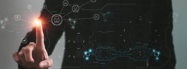 Siber güvenlik ve fütüristik teknoloji işadamı parmak izi arayüzüne dokunmak, şifre taramak, teknoloji ikonları ve asma kilit, yapay zeka sistemi veya ai 