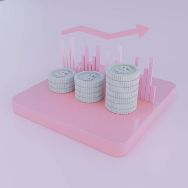 3D coin stack on pastel background,arrow up business growth,icon for web banner,saving money,profit,finance,business investment,fund, ,financial graph economic analytics concept,3d render illustration