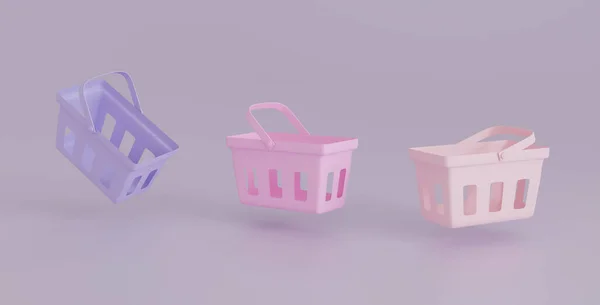 Idea Empty Shopping Shopping Basket Flying Realistic Plastic Full Pastel — Stockfoto