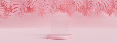 Podium mockup with pink plant palm leaf overlay nature on pink background,tropical summer concept minimal,abstract scene with geometric form,banner panoramic header,product advertising,3d render