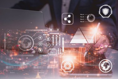 Double exposure-businessman using computer laptop,stock graph and chart icon,concept growth and development business investment,stock market strategy making market plan and stock market fluctuations 