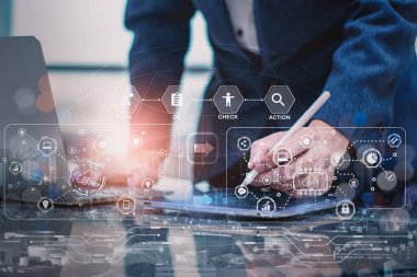 Double exposure-businessman using computer laptop,stock graph and chart icon,concept growth and development business investment,stock market strategy making market plan and stock market fluctuations 