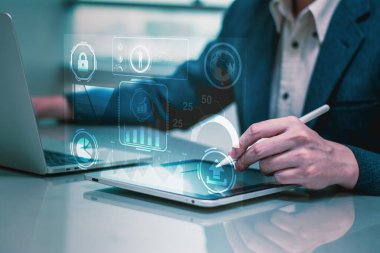 Businessman using computer,analysis business and economic,data growth network communication technology,financial,money,banking,digital marketing strategy,business finance corporate concept