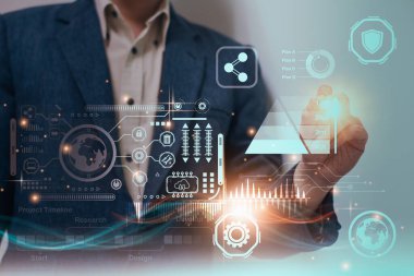 Businessman touch icon technology,analysis business and economic,data growth network communication technology,financial,money,banking,digital marketing strategy,business finance corporate concept