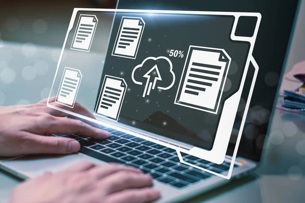 Businessman working on laptop computer,online electronic document information database,digital file cloud storage system or software, online compliance rules user management,business platform control