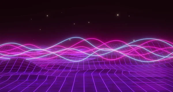 futuristic blue purple neon line laser,wireframe wave landscape mountain,valley structure Sci-Fi Neon light glow network grid connection, portal lights glowing ring,dark space,3d render illustration