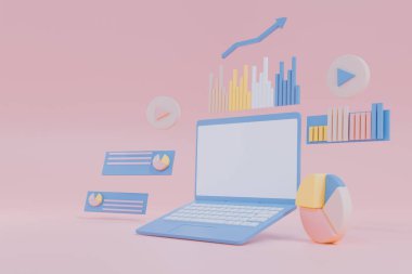 Bilgisayar dizüstü bilgisayar veri analizleri, pazarlama işletme stratejisi, analiz verileri ve yatırımlar, iş finans raporları, izometrik bilgi unsurları piyasa, kavram web sitesi SEO PC Screen, 3d yorumlama