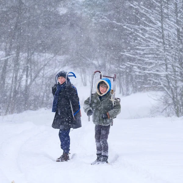 Dwóch Chłopców Nosi Sanie Ramionach Żeby Zjeżdżać Dzieci Zima Rozrywka — Zdjęcie stockowe