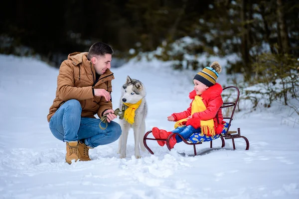 Jogos Inverno Pai Filha Com Animal Estimação Husky Seus Proprietários — Fotografia de Stock
