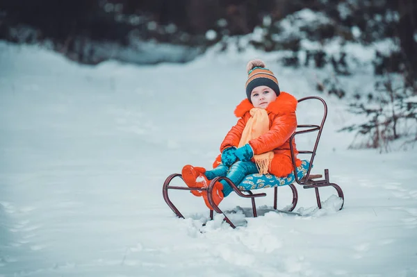 Kleines Mädchen Heller Kleidung Sitzt Auf Einem Schlitten Vor Winterlichem — Stockfoto