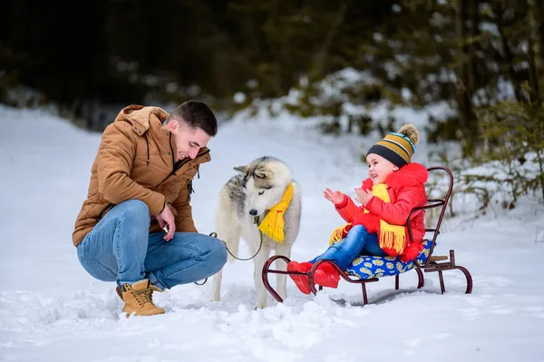 Das Mädchen Sitzt Auf Einem Schlitten Neben Ihrem Vater Mit — Stockfoto