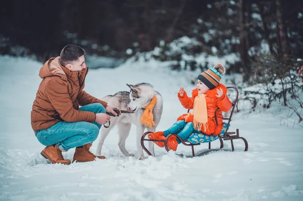 Vater Mit Tochter Beim Waldspaziergang Tochter Auf Schlitten Sitzend Und — Stockfoto