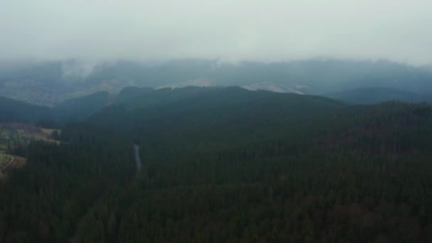 Flight over Synevyr glade at dawn, spring mountains, Ukrainian national park. — Stock Video