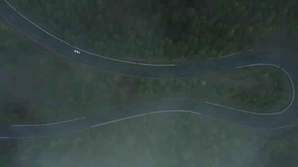 Road in the mountains, serpentine in the fog, road serpentine from aerial view. — Vídeo de Stock