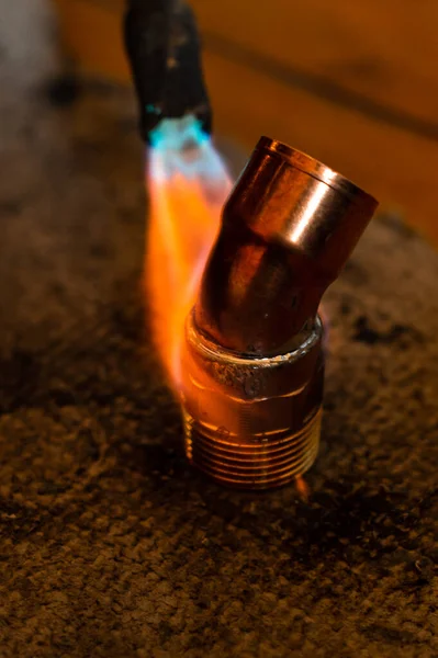 Copper Soldering Installation Process Soldering Copper Pipes Heating Fireplace Copper — Stock Photo, Image