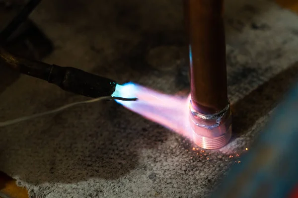 Copper Soldering Installation Process Soldering Copper Pipes Heating Fireplace Copper — Fotografia de Stock