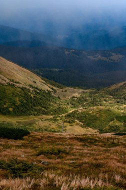 Bulutlu sonbahar Karpatları, pitoresk dağ manzaraları, Karpat Ukrayna Ulusal Parkı, dağ çayırları ve bir göl..