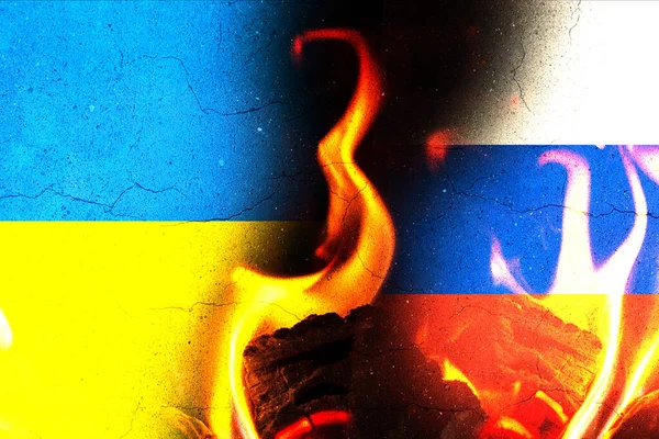 Oekraïense Vlag Brandt Russische Vlag Brandt Russische Aanval Oekraïne Breuk — Stockfoto