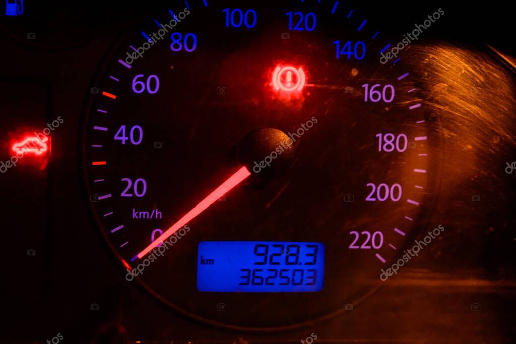 Dolyna, Ukraine September 17, 2021: car interior, speedometer illumination in the car, speedometer arrow to zero.
