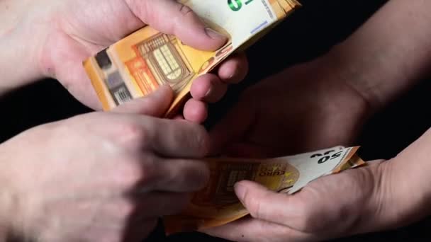 Contando dinero a mano, transfiriendo billetes en euros de mano en mano, cálculos económicos y contables. — Vídeos de Stock