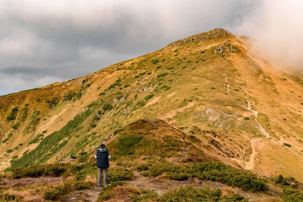 観光客は秋の山の中を歩き 簡単に歩くことができるカルパチアのトレイル トレッキングポールを持つ人々 山や山道を簡単に歩く — ストック写真