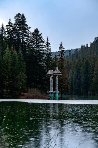 Lago Alpino Synevyr Statue Legno Vicino Lago Luogo Turistico Ucraina — Foto Stock
